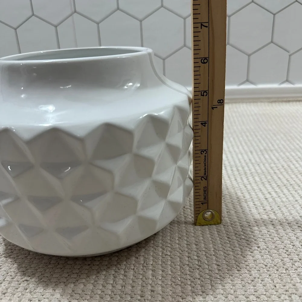 Loom + Forge Gloss White Geometric Textured Ceramic Vase 6in Modern